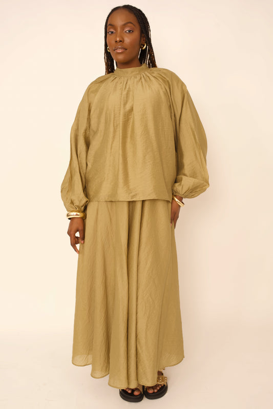 Ensemble Eléna – Haut & Jupe Longue Kaki Doublé | Merra Paris