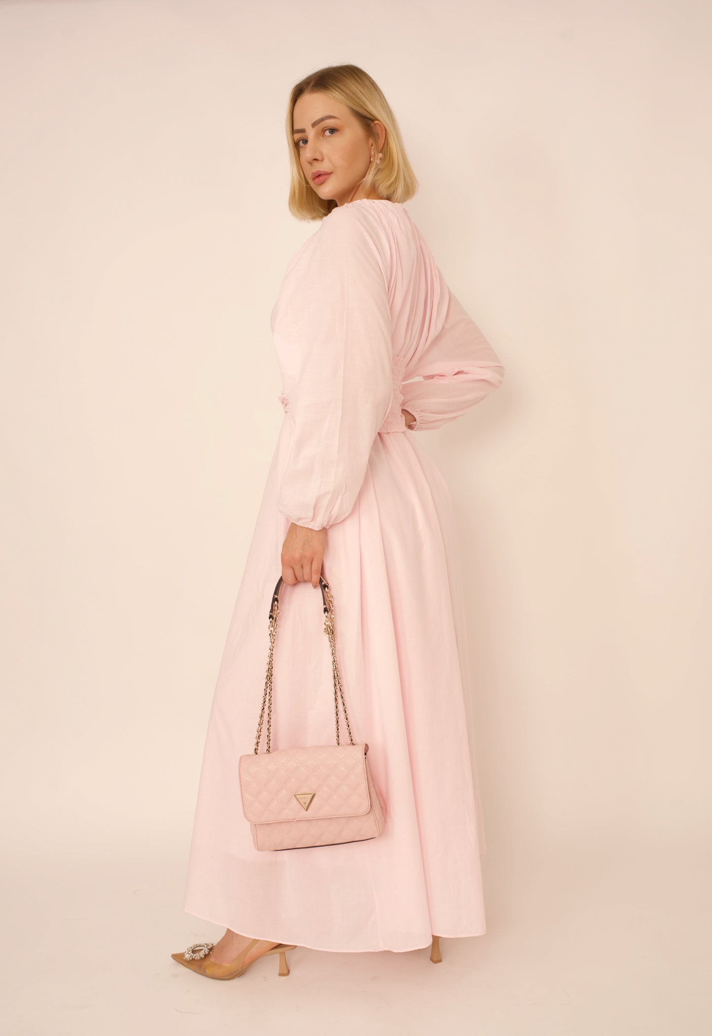 Robe Viola Aylin – Voile de Coton Rose Poudré avec Ceinture Boucle