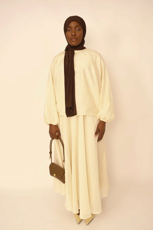 Ensemble Eléna – Haut & Jupe Longue jaune beurre Doublé premium