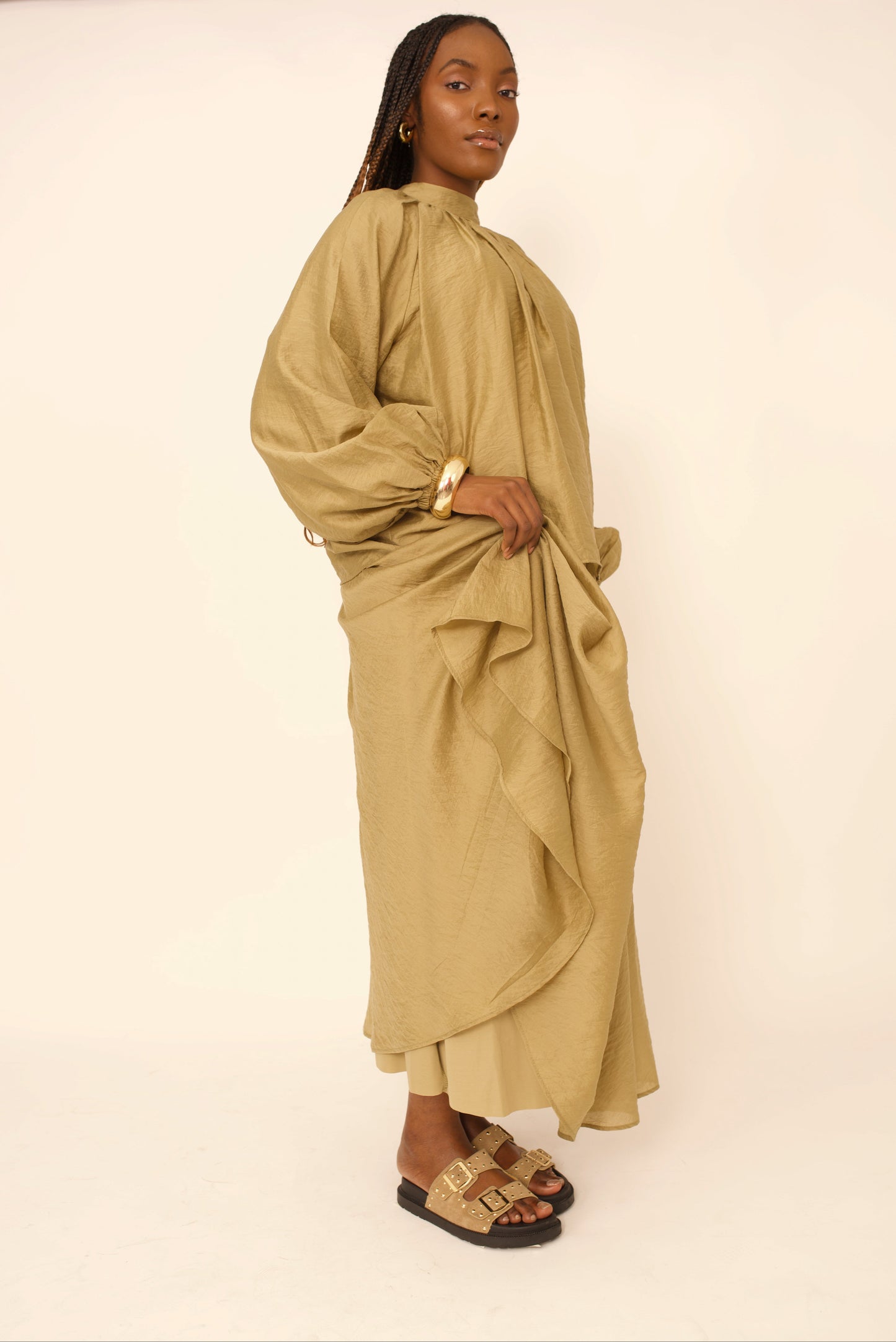 Ensemble Eléna – Haut & Jupe Longue Kaki Doublé | Merra Paris