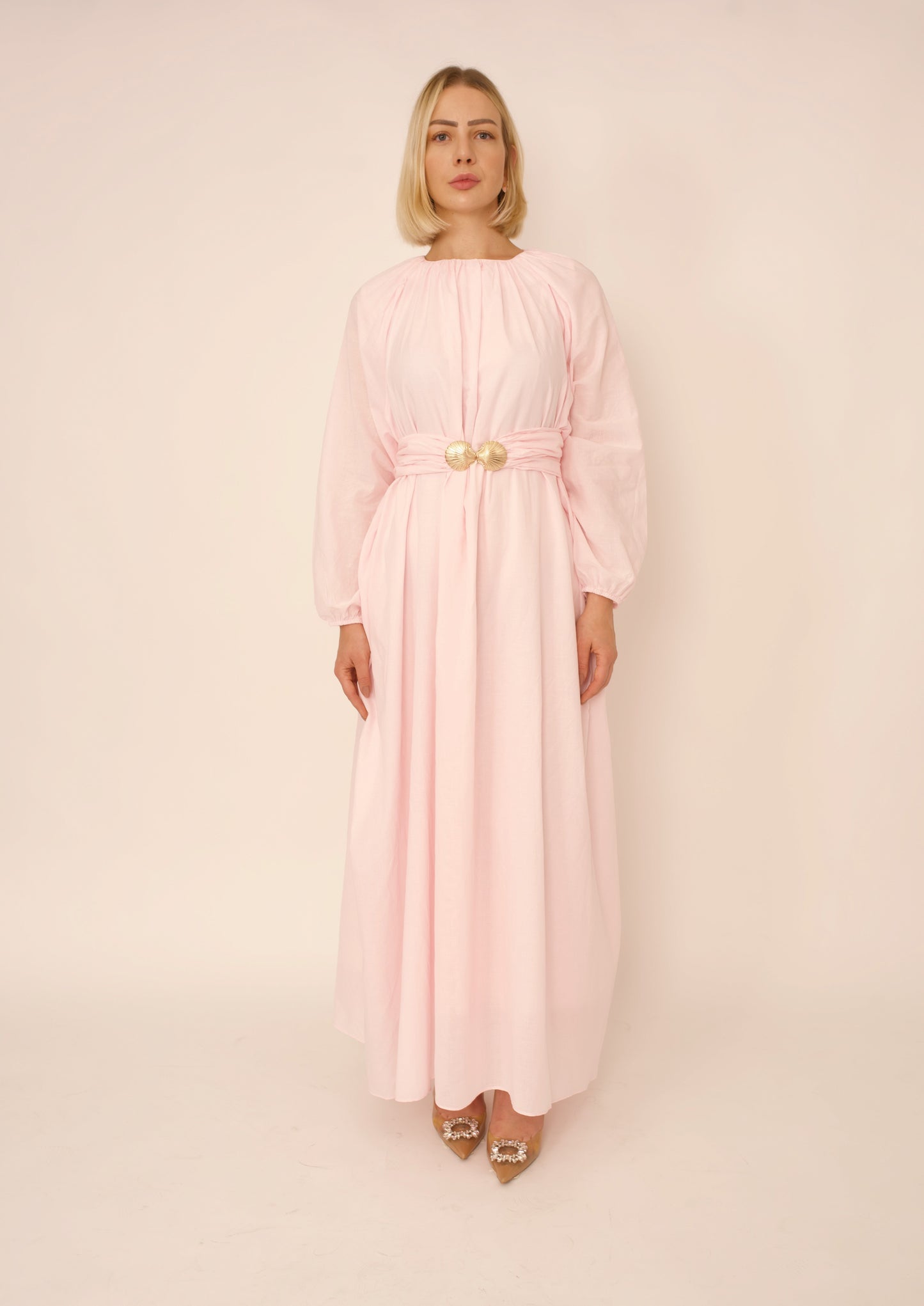 Robe Viola Aylin – Voile de Coton Rose Poudré avec Ceinture Boucle