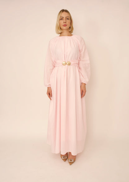 Robe Viola Aylin – Voile de Coton Rose Poudré avec Ceinture Boucle