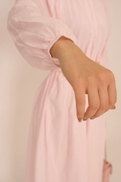 Robe Viola Aylin – Voile de Coton Rose Poudré avec Ceinture Boucle