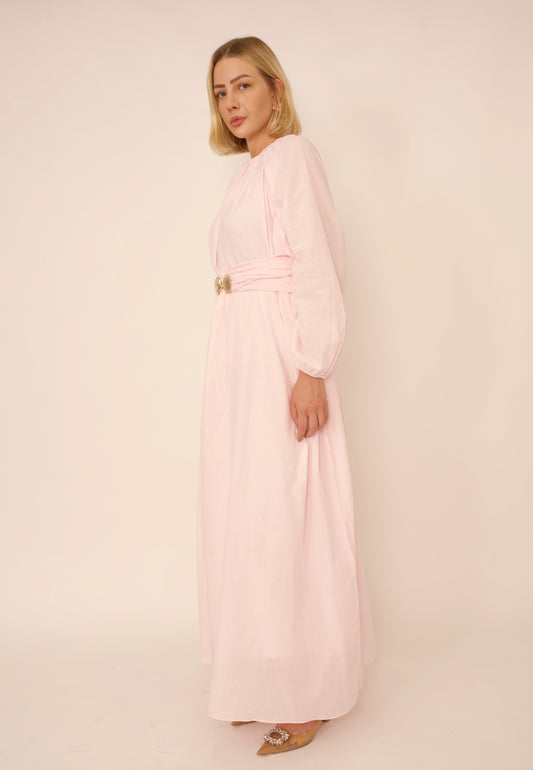 Robe Viola Aylin – Voile de Coton Rose Poudré avec Ceinture Boucle