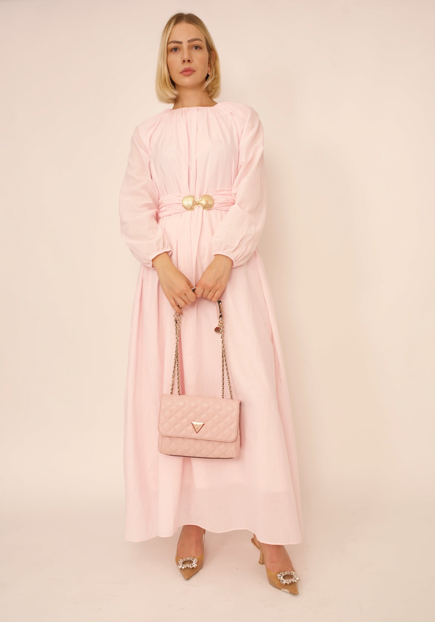Robe Viola Aylin – Voile de Coton Rose Poudré avec Ceinture Boucle