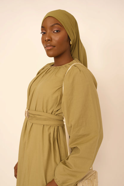 Robe Viola Safa – Voile de Coton Vert Olive avec Ceinture Boucle