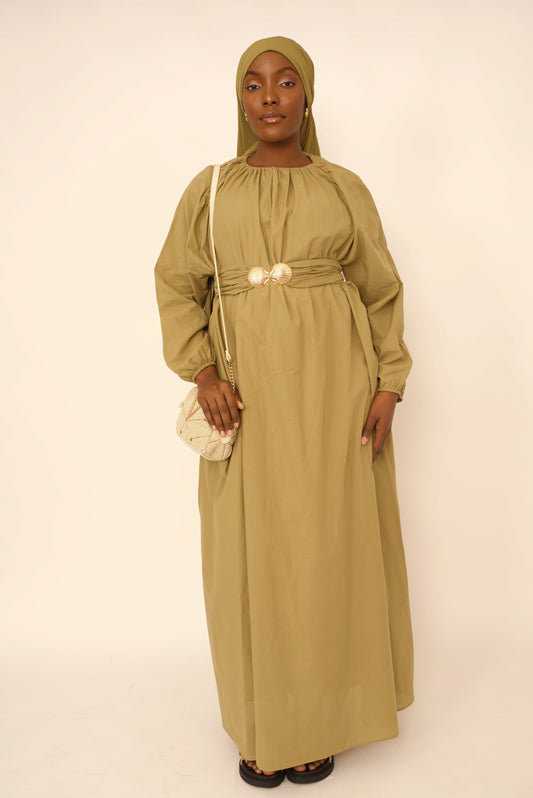 Robe Viola Safa – Voile de Coton Vert Olive avec Ceinture Boucle